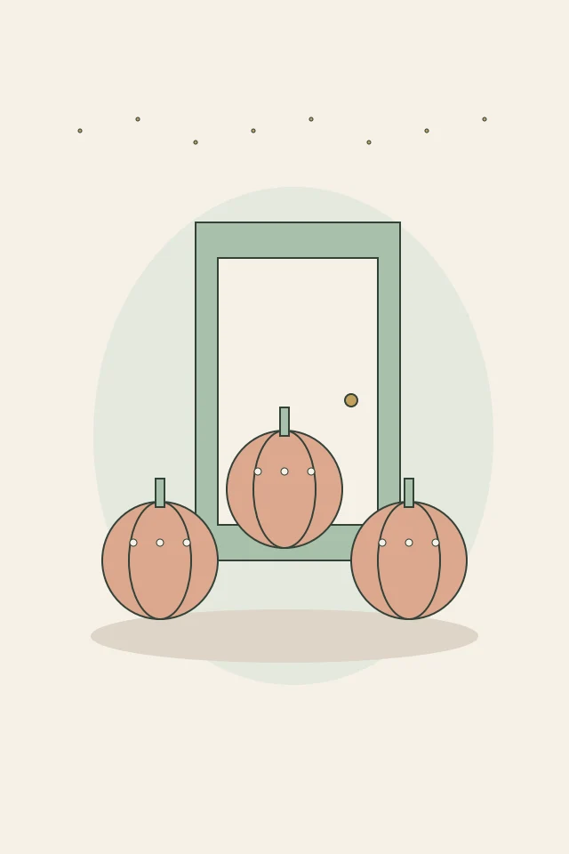 Original digital illustration: Fall front porch with pumpkins, mums, lanterns and an autumn wreath.