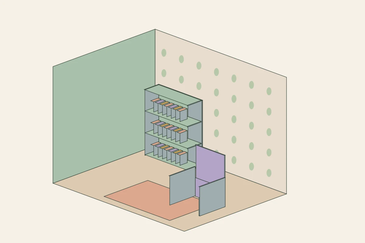 Original oblique digital illustration: measured shelf and chair in the Reading Nook room.