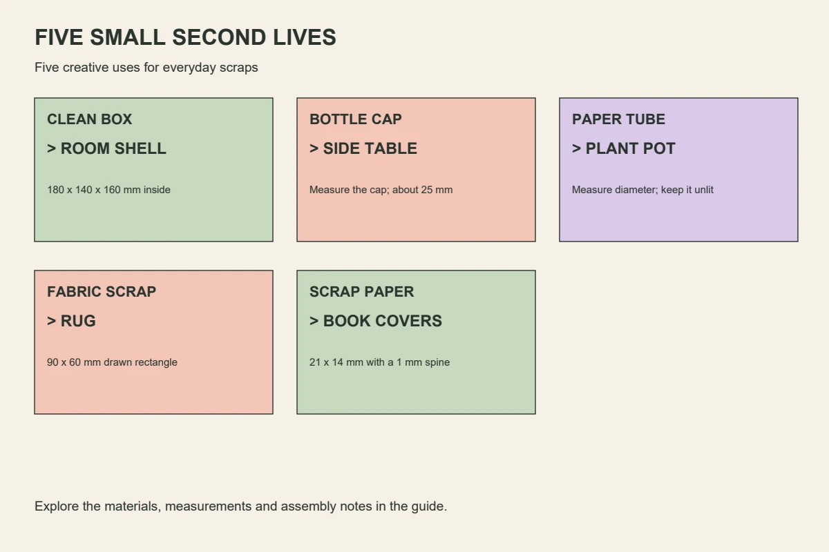 Original five-material swap diagram: box, cap, tube, fabric and paper, with measured examples.
