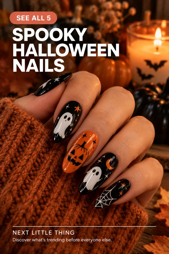 Black, orange and nude Halloween nails with ghosts, a pumpkin and a web.