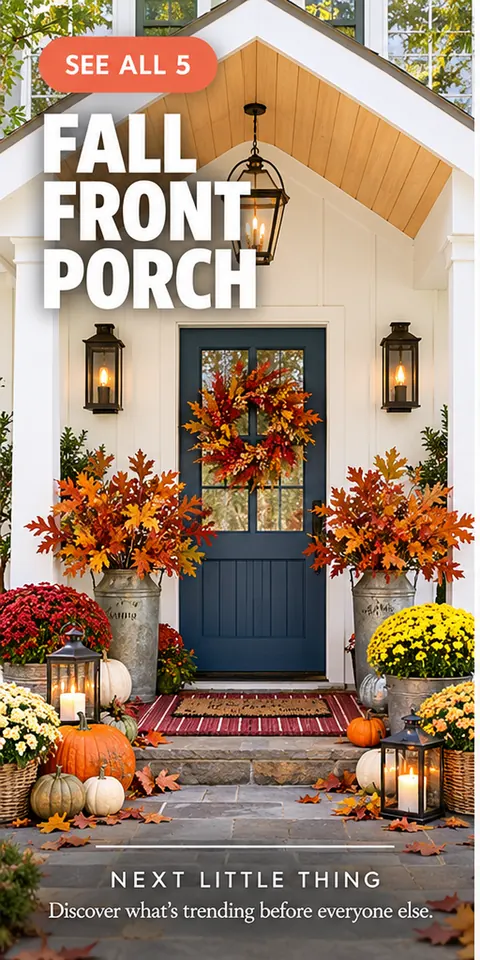 Fall front porch with pumpkins, mums, lanterns and an autumn wreath.