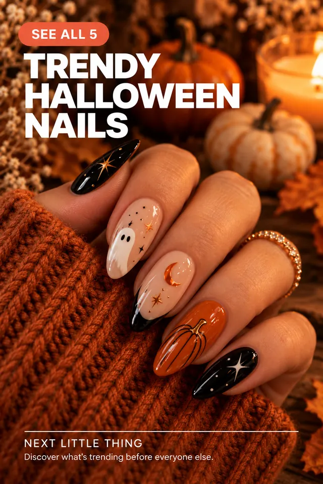 Chic Halloween manicure in nude, black and metallic tones.