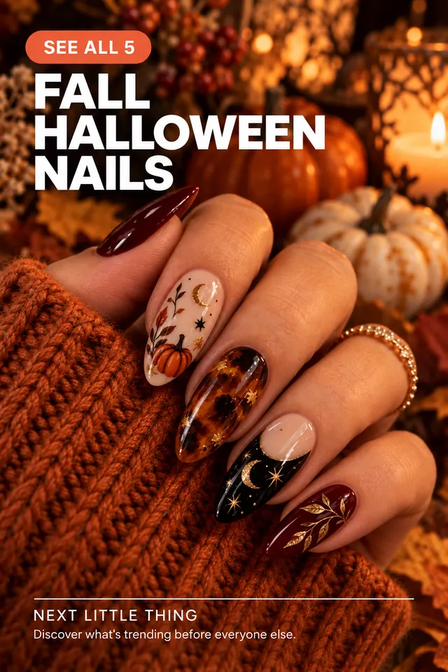 Dark autumn manicure with burgundy and tortoiseshell tones.