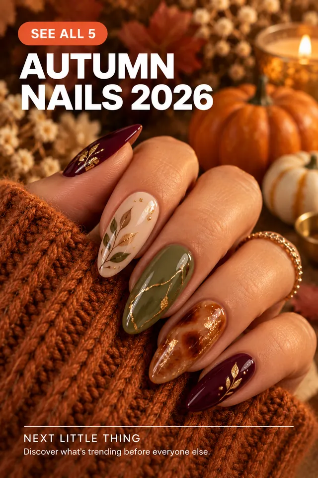 Autumn manicure with burgundy, olive, tortoiseshell and leaf details.